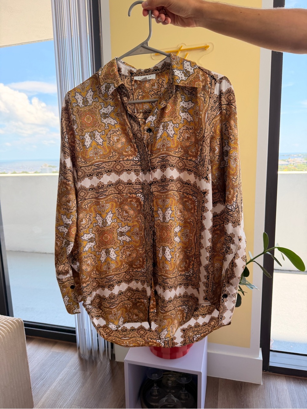 Topshop Paisley Button-Up Shirt in Mustard and White